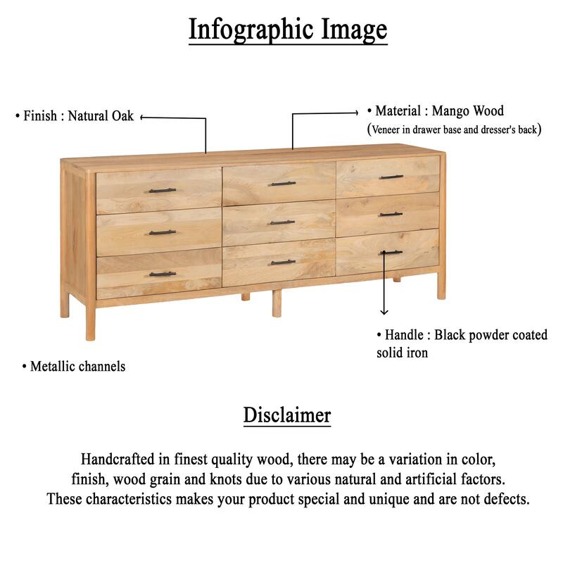 Geti Dresser 9 Drawers, 84 Inch Wide, Handcrafted Natural Oak White Mango Wood,