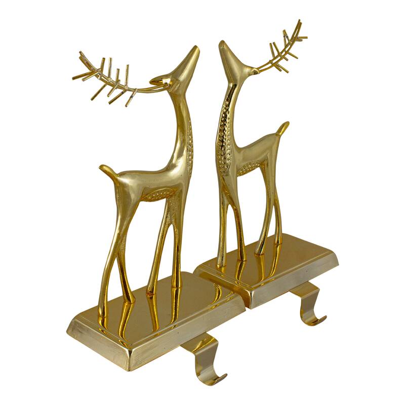 Set of 2 Gold Standing Reindeer Christmas Stocking Holders 9.75"