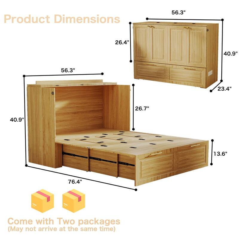 Murphy Bed Cabinet with Charging Port and Storage Drawer, White