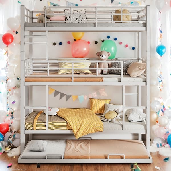 slide 2 of 18, Modern Twin Size Metal Triple Bunk Bed With Twin Size Trundle,Sturdy Structure For Bedroom White