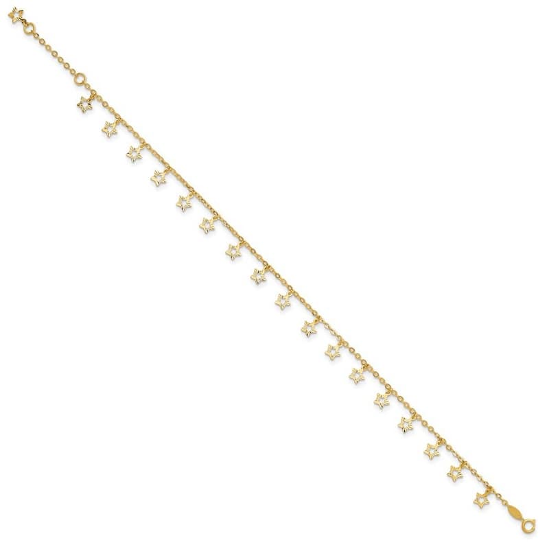 Curata Women's 14k Gold Polished and Textured Star Anklet - 10 Inch