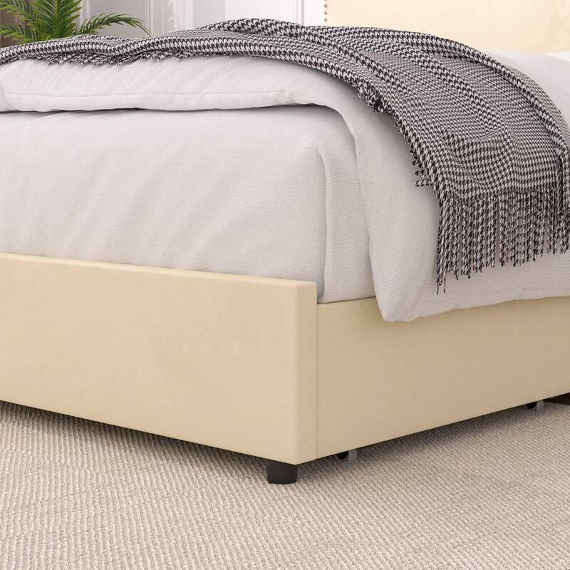 VECELO Upholstered Bed Frame with 4 Storage Drawers Full Queen Heavy Duty Platform with Adjustable Linen Headboard