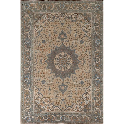 Floral Beige Tabriz Persian Vintage Rug Hand-Knotted Wool Carpet - 6'9"x 9'11"