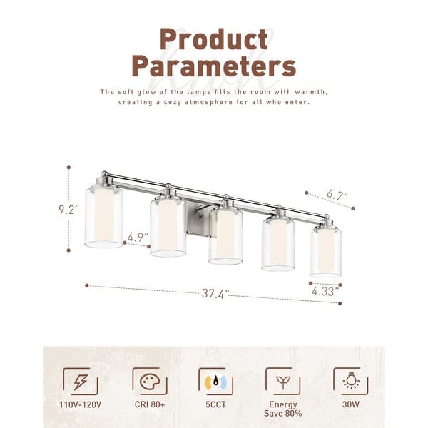 dimension image slide 2 of 3, 5 Light Vanity Light, Bathroom Light, 30W 5CCT - 5-Light
