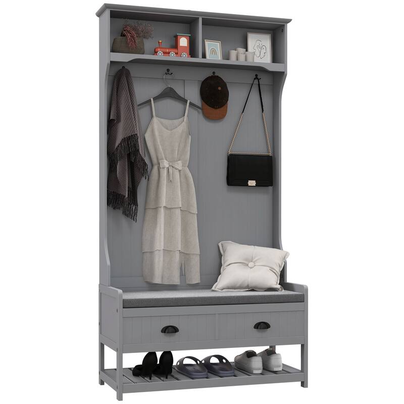Multifunctional Entryway Bench with Coat Rack, Storage Shelves, Shoe Rack and Padded Seat Cushions, Hall Tree for Hallway