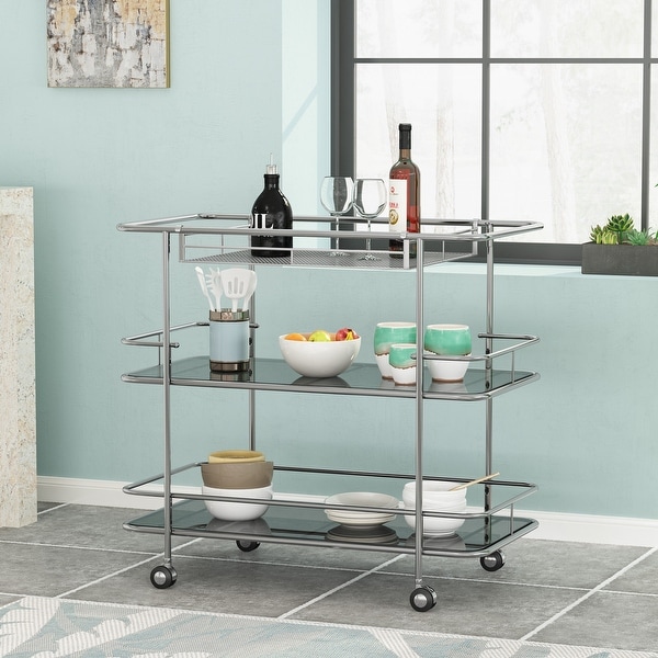 Bridger Modern 3 Tier Bar Cart with Glass Shelving by Christopher Knight Home - 34.00" L x 18.50" W x 31.50" H. Opens flyout.