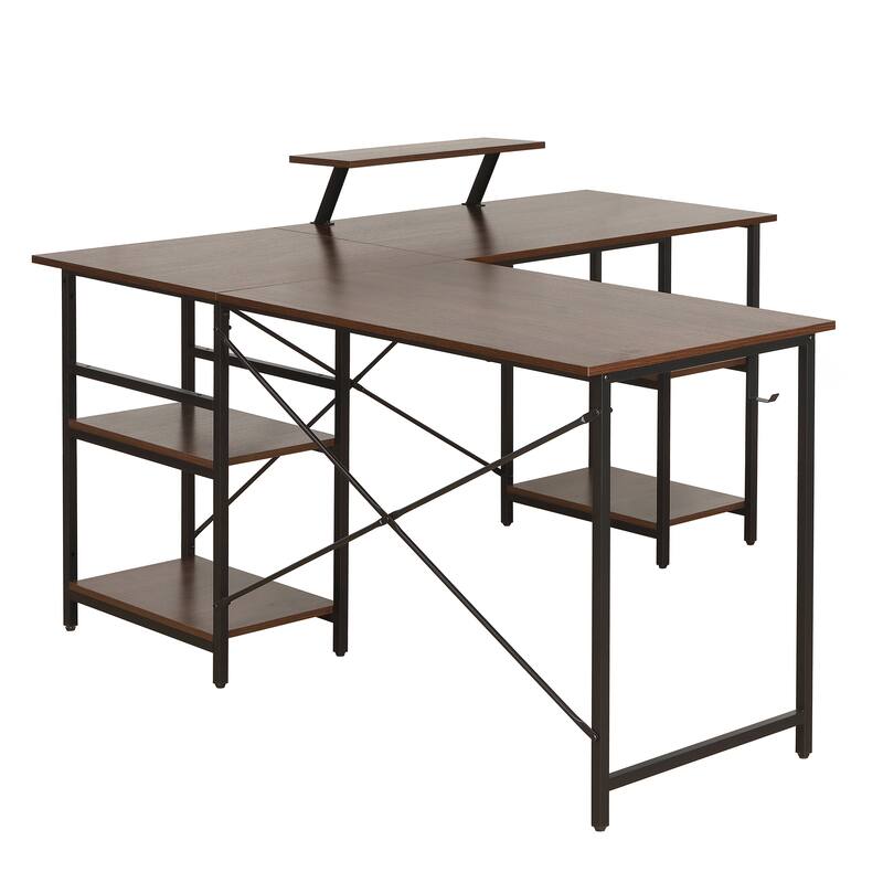 L-Shape Industrial Desk with storage shelves, Walnut