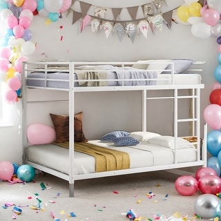 Full over Full Modern Design Metal Bunk Bed, Low Bunk Bed with Ladder, Easy Assembly, Metal Frame Construction, Black
