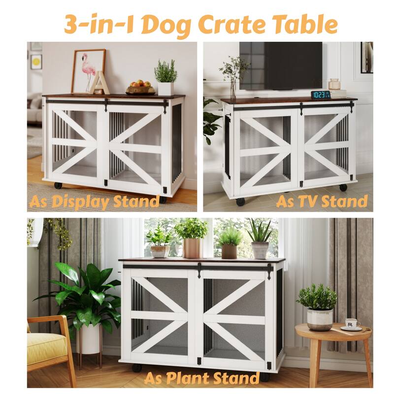 47.2" Multi-Functional Pet Kennel with Flip-Top Feeding Door, Dual-Access, 5 Caster System, Side Hooks