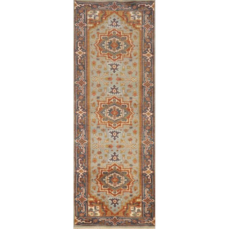 Geometric Heriz Serapi Runner Rug Hand-Knotted Bedroom Wool Carpet - 2'7" x 8'0"