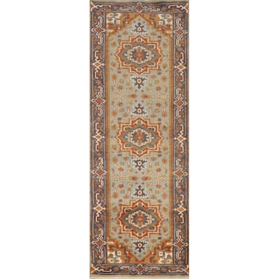 Geometric Heriz Serapi Runner Rug Hand-Knotted Bedroom Wool Carpet - 2'7" x 8'0"