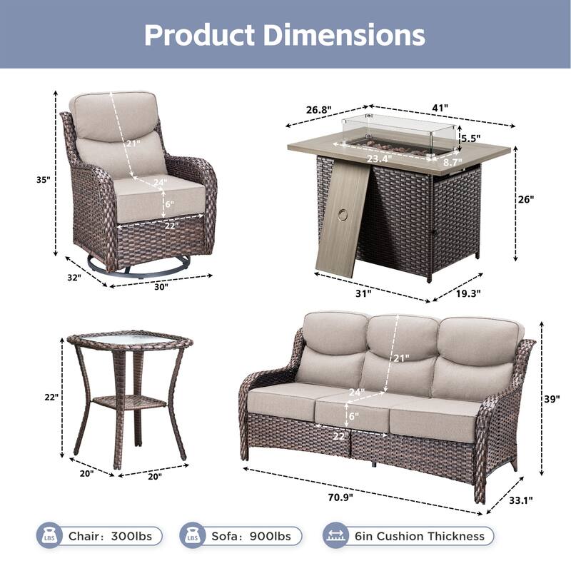 Meyreso 7-Piece Wicker Outdoor Patio Fire Pit Conversation Set with 6-Inch Thick Cushions