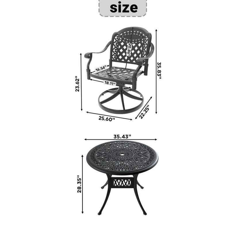 3-Piece Aluminum Round Outdoor Patio Dining Set, 2 Cushioned Swivel Chairs, Table, All-Weather Frames
