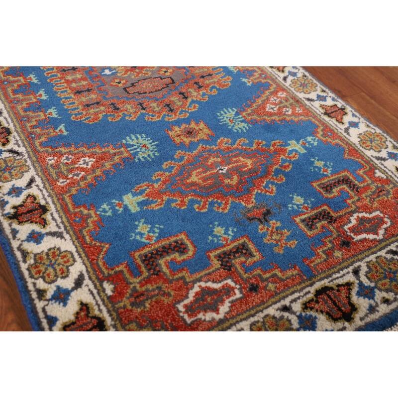 Blue Geometric Viss Indian Runner Rug Handmade Wool Carpet - 2'7"x 10'1"
