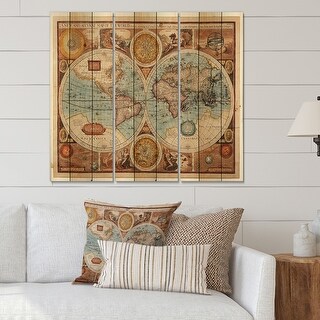 Designart 'Ancient Map of The World VIII' Vintage Print on Natural Pine ...