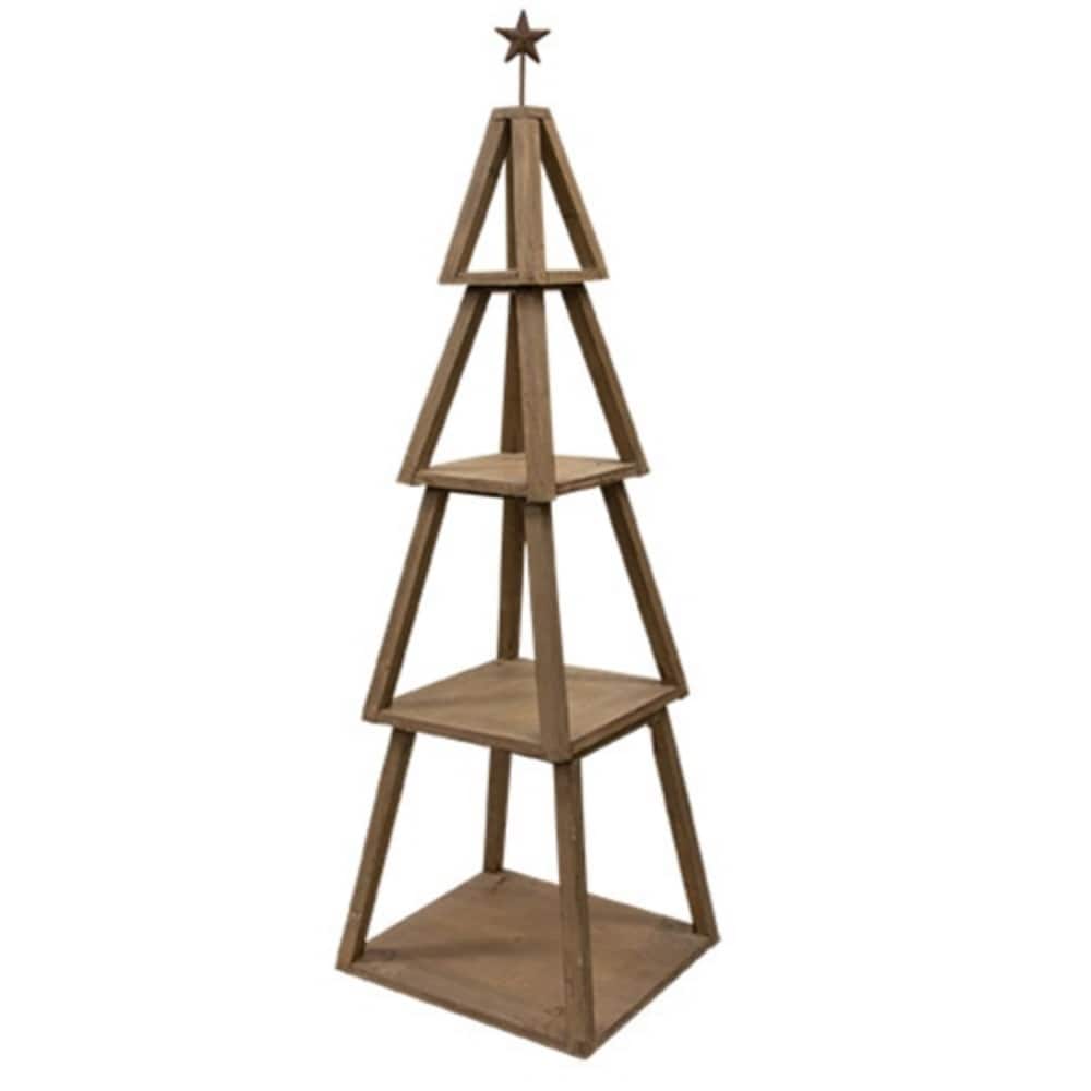 Distressed Wooden Christmas Tree Shelf with Stacking Pieces and Metal Star for Farmhouse Decor