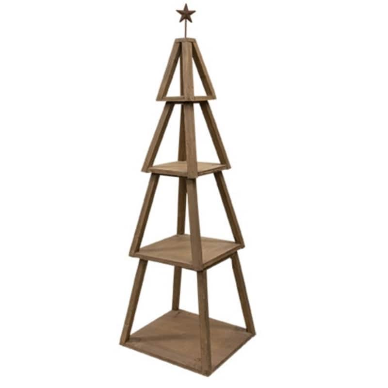 Distressed Wooden Christmas Tree Shelf with Stacking Pieces and Metal Star for Farmhouse Decor - 4 Tier - Natural