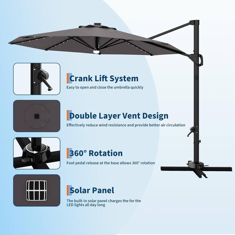 10FT Cantilever Patio Umbrella with Solar Lights, 360° Rotation Offset Umbrella