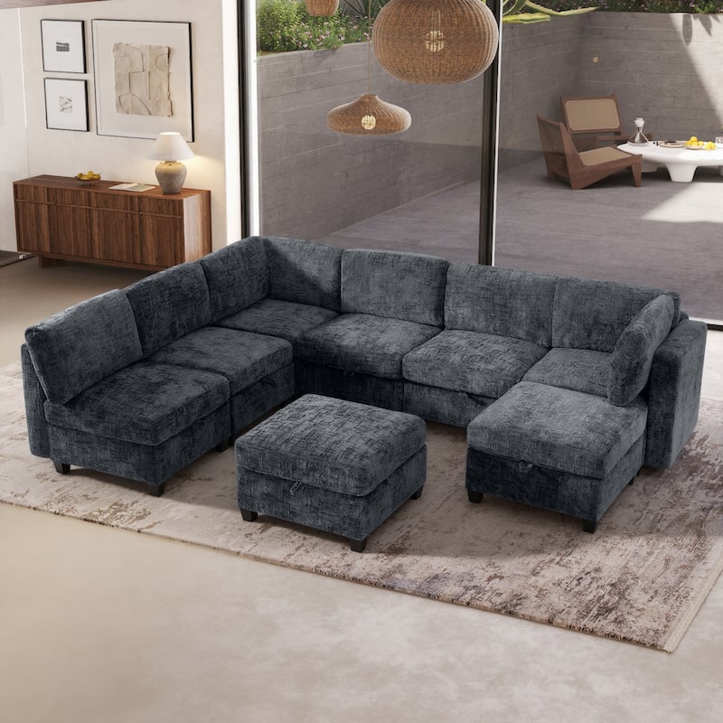 GDFStudio - Chenille Fabric 8-Seat 128" Modular Sectional Sofa with Storage & Solid Wood Frame - Dark Gray