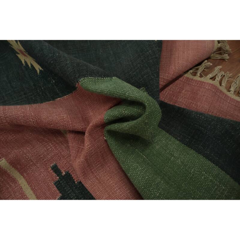 Hand Woven Oriental 100% Wool Carpet Southwestern Geometric Pink Kilim Area Rug - 8' 4'' X 5' 4''