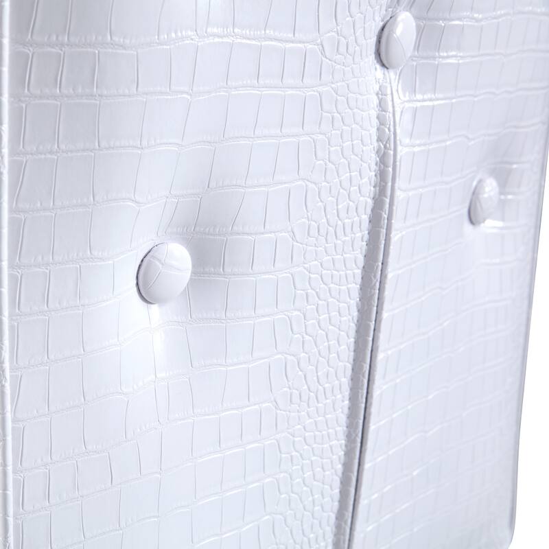 A set of 4 white and black vintage crocodile leather cushioned dining chairs, featuring crystal clasp design and leather