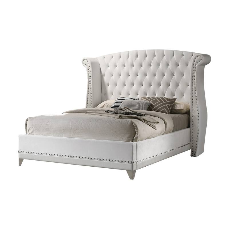 Dini California King Bed, Crystal Button Tufting, White Velvet Upholstery