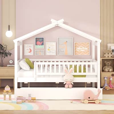 Full Size Wooden House Bed with Twin Size Trundle, Roof and Fence