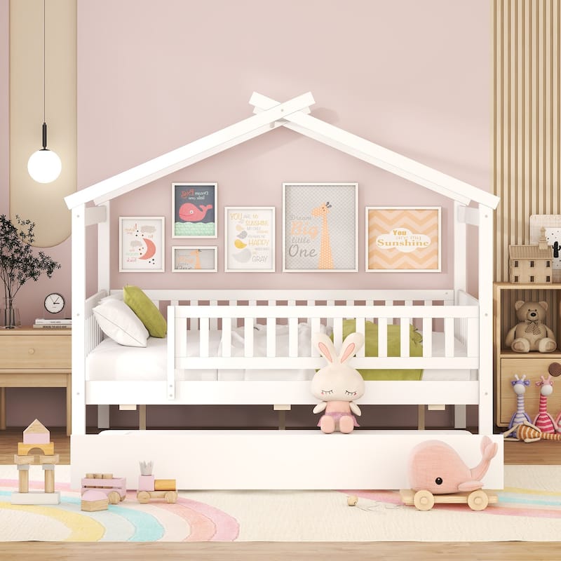Wooden Twin/Full House Bed with Trundle and Headboard, Sky Roof Design, Durable Pine Wood