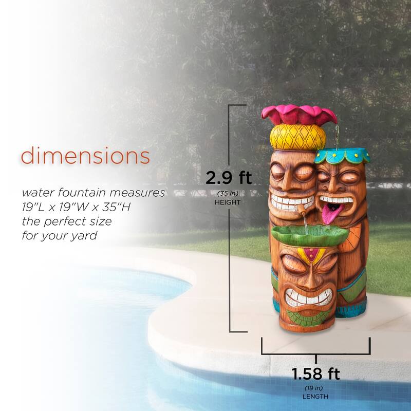 Alpine Corporation - 3-Tiered Colorful Tiki Head Water Fountain, Indoor/Outdoor Tropical Waterfall with LED Lights, for Garden