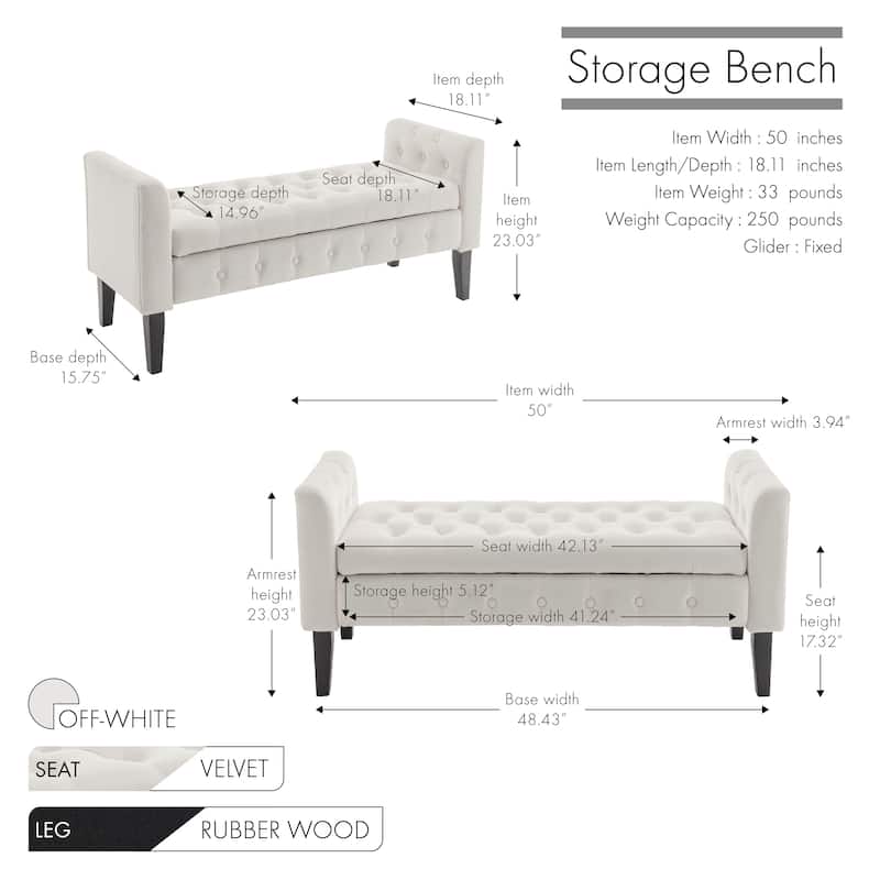 Porthos Home Brett Velvet Storage Bench with Rubberwood Legs