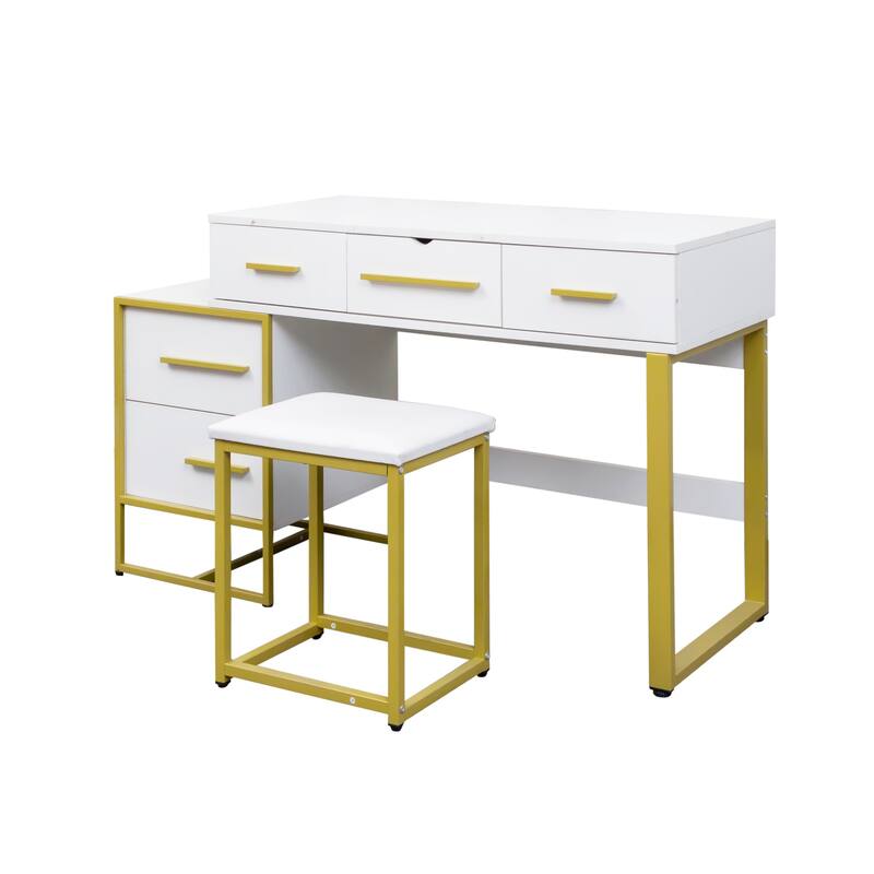 Vanity Desk with Flip Top Mirror, Large Wooden Dresser Table, Makeup Vanity Set with 4 Storage Drawers and Cushioned Stool