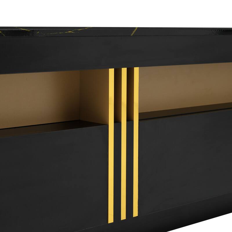 Luxury TV Stand with High Gloss Faux Marble Top for TVs Up to 78'', Rectangle Media Console with Golden Panel.