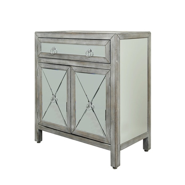 StyleCraft SC-SF2037 30" Wide Single Drawer Glass and Wood Accent Cabinet with Mirrored Panels - Distressed Gray