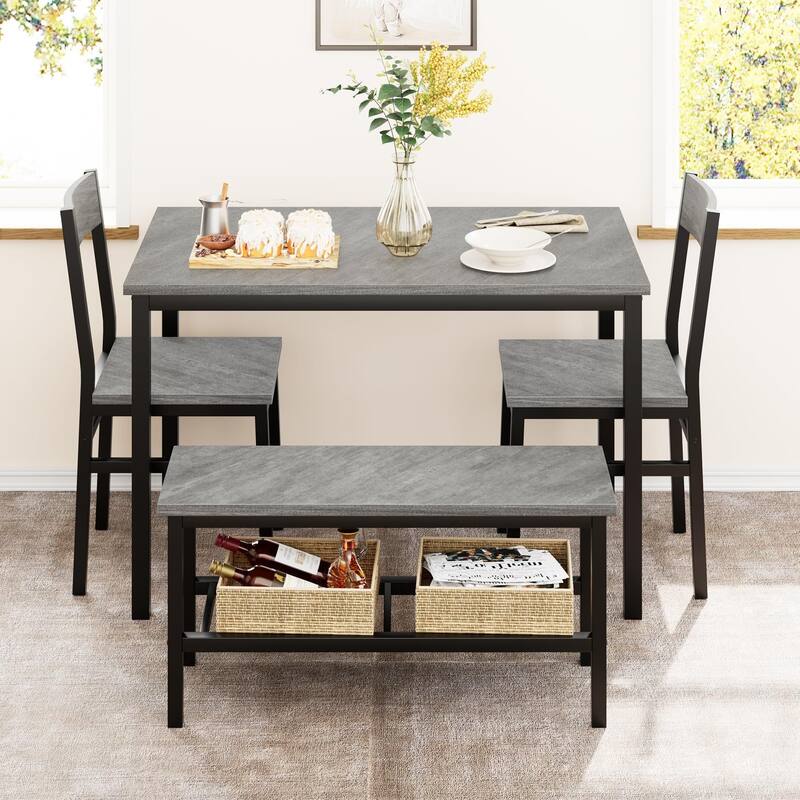 Dining Table Set for 4, with Bench & 2 Chairs - Gray