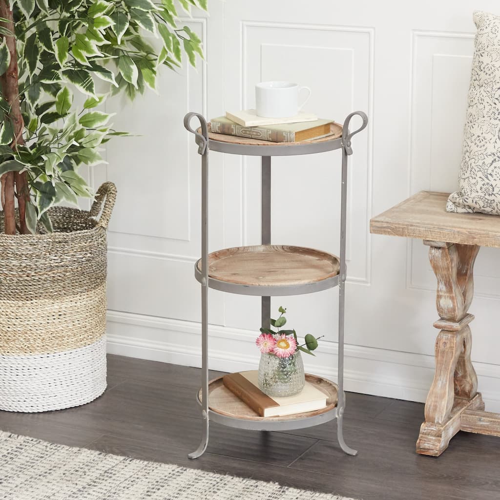 Gray Metal 2 Shelves Accent Table with Brown Wood Tabletops