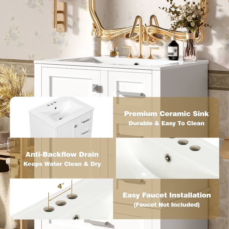 24.8" Bathroom Vanity with Ceramic Sink, Modern Freestanding Cabinet Featuring Soft-Close Door, Deep Drawer