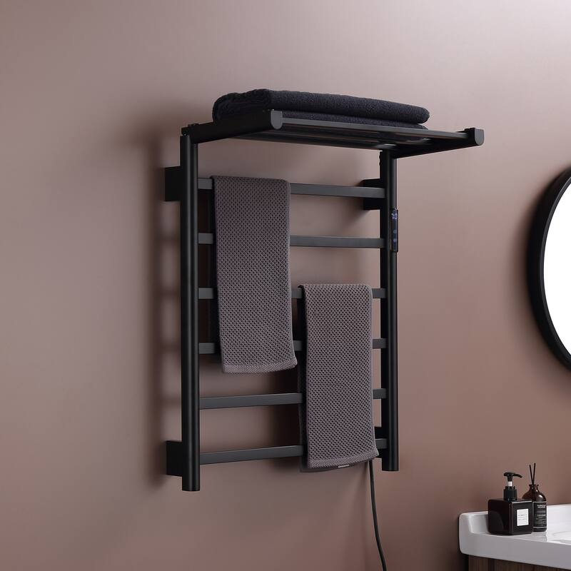 Heated Towel Rack 6-Bar Towel Warmer Rack Wall Mounted Electric Towel Drying Rack with Timer Plug-in/Hardwired