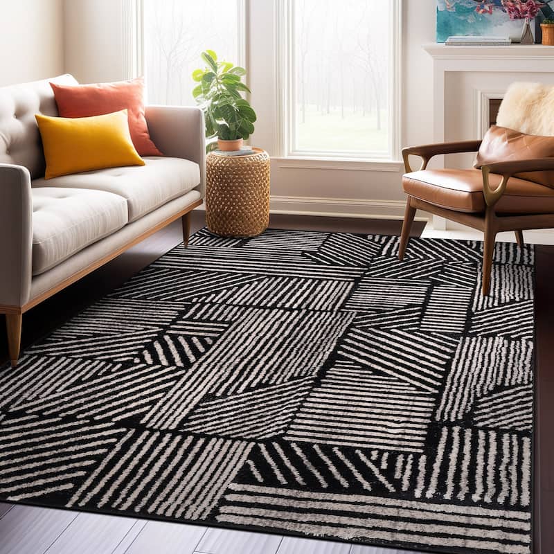 World Rug Gallery Contemporary Boho Stripes Black Area Rug - 7' 10" x 10'