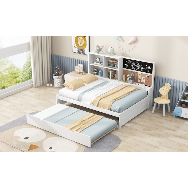 Daybed with Storage Shelves, Blackboard, Cork board, USB Ports and Trundle