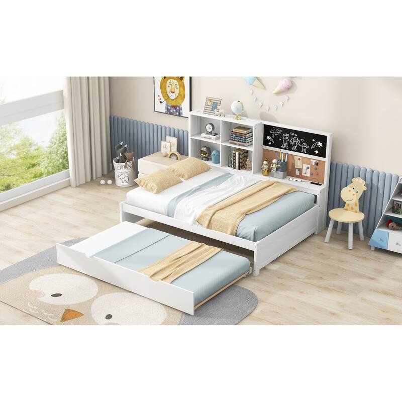 Twin Size Daybed with Trundle, Built-In Storage Shelves, Chalkboard, Corkboard, and USB Charging Ports, White Wood Frame