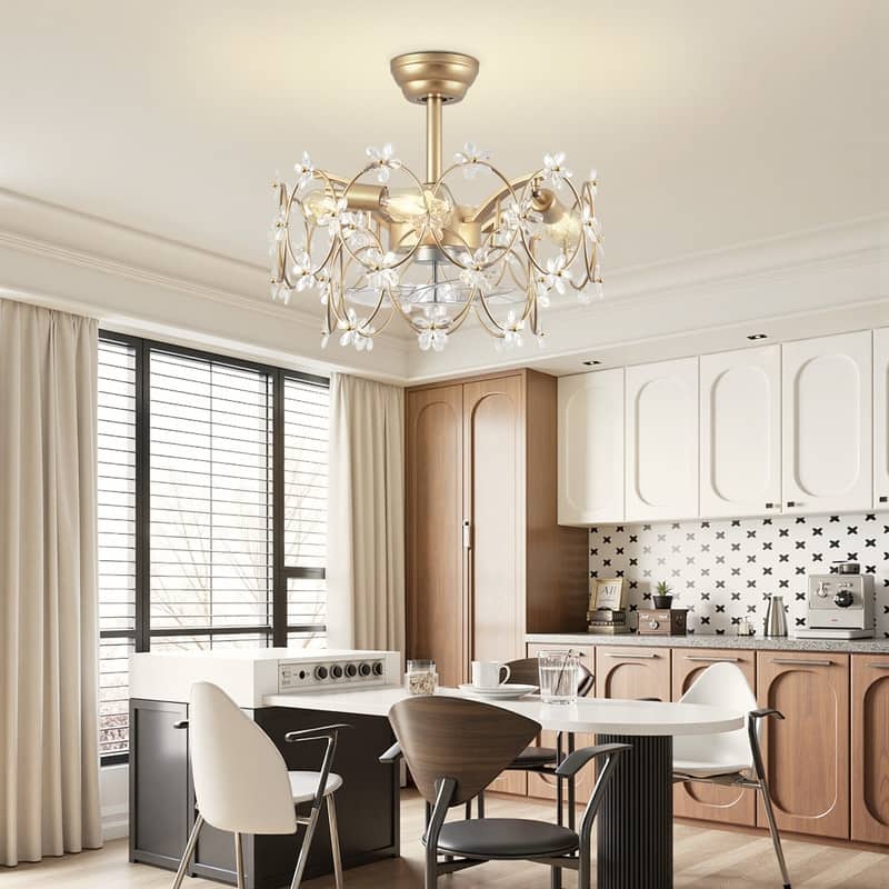 21 in. Indoor Golden Flower Crystal Ceiling Fan with Light, Ceiling Fans with Light and Remote, Flower Fandelier for Bedroom
