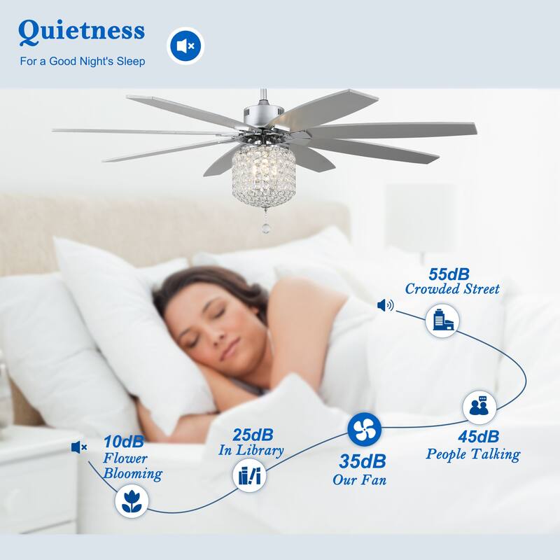 65" Large Crystal Ceiling Fan with Chorme Finish, 8-Blades 3 Lights w Crystal Shade, Quiet DC Motor w Remote Control