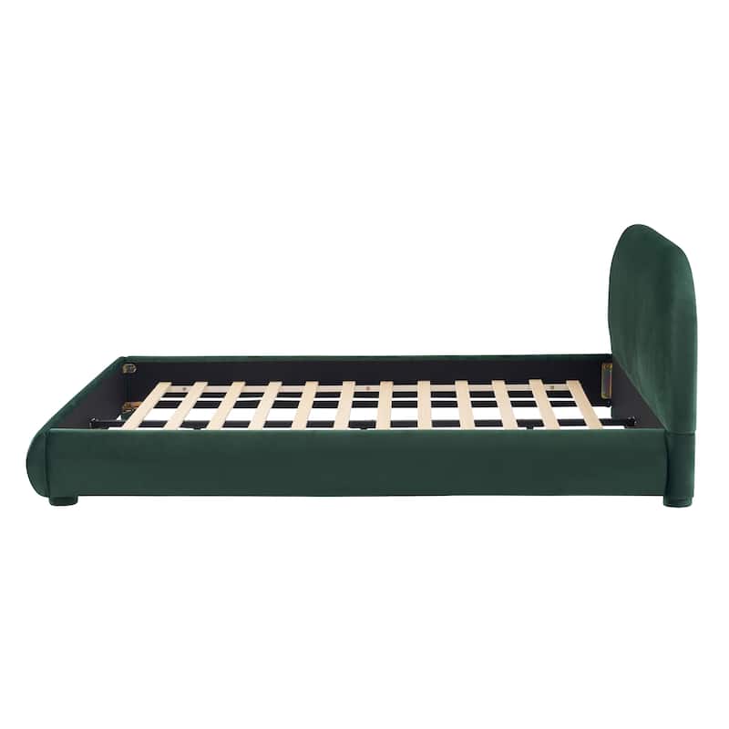 Velvet Upholstered Platform Bed with Headboard, Luxury Low Profile Bed Frame with Wood Slat Support, Grounded Bed for Apartments