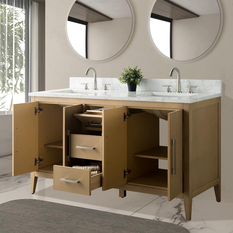 Vanity Art 60" Double Sink Bathroom Vanity Cabinet with Engineered Marble Top