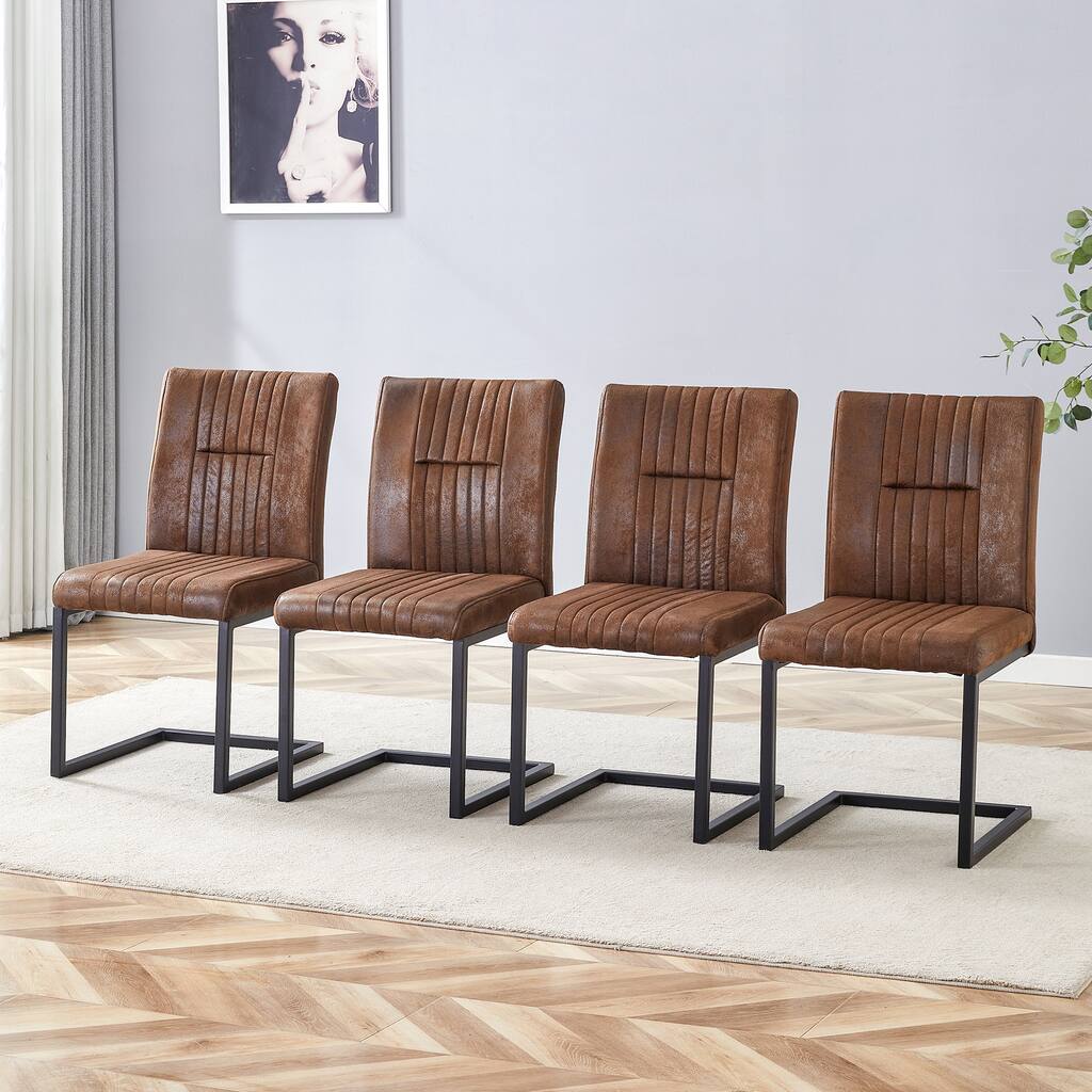 4 Ergonomic Brown Technology Fabric Dining Chairs, With Simple Line Design And Comfortable Sponge Filling And Black Metal Leg