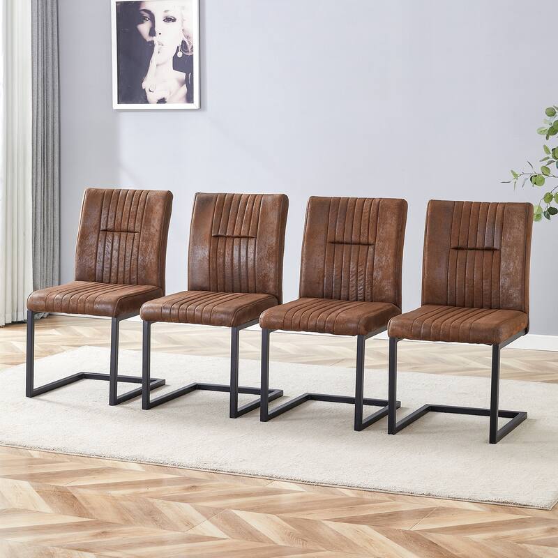 Set of 4 Ergonomic Dining Chairs – Brown Tech Fabric Upholstery with Comfortable Sponge Padding & Sleek Black Metal Legs‌
