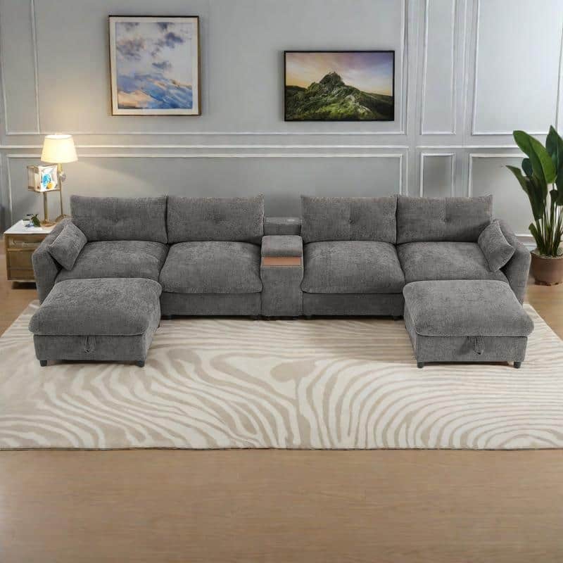 142" Chenille U-Shaped Modular Sectional Sofa with 2 Storage Ottomans(USB/Wireless Charger + Cup Holders)