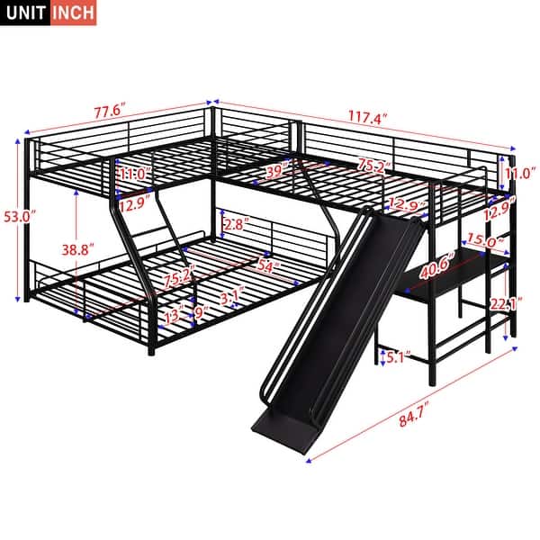 dimension image slide 1 of 2, L-Shaped Twin Over Full Bunk Bed with Twin Loft Bed, Desk & Slide