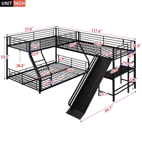 L-Shaped Twin Over Full Metal Bunk Bed with Loft, Desk & Slide