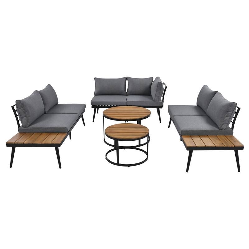 Grey Acacia Wood Outdoor Sectional Sofa Set with Round Nesting Coffee Tables